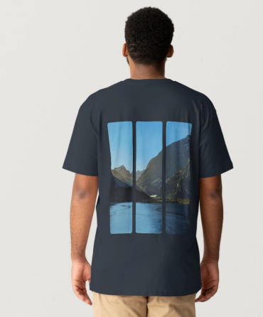 Back view showing three-panel Milford Sound landscape print