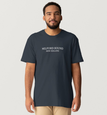 Front view showing embroidered Milford Sound New Zealand text