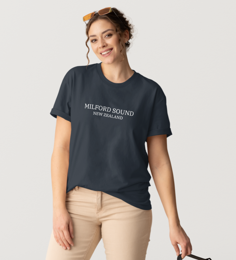 Women's styling of navy Milford Sound tee