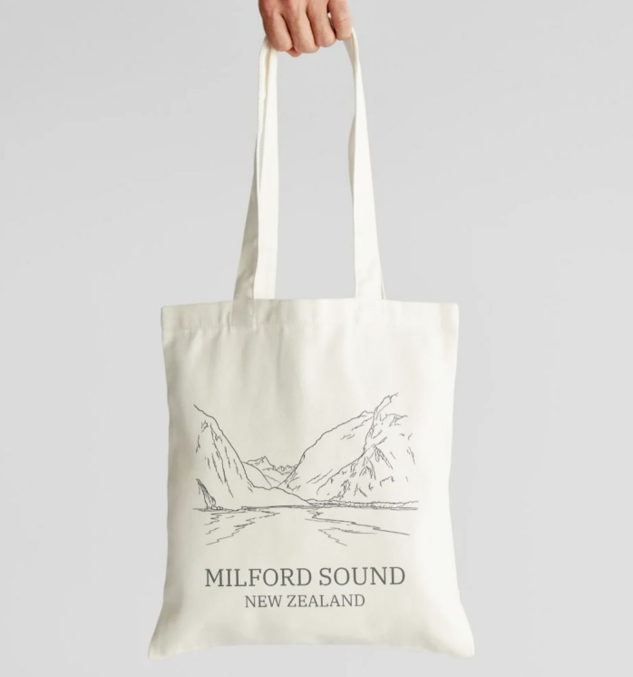 Cream Milford Sound New Zealand illustrated tote bag