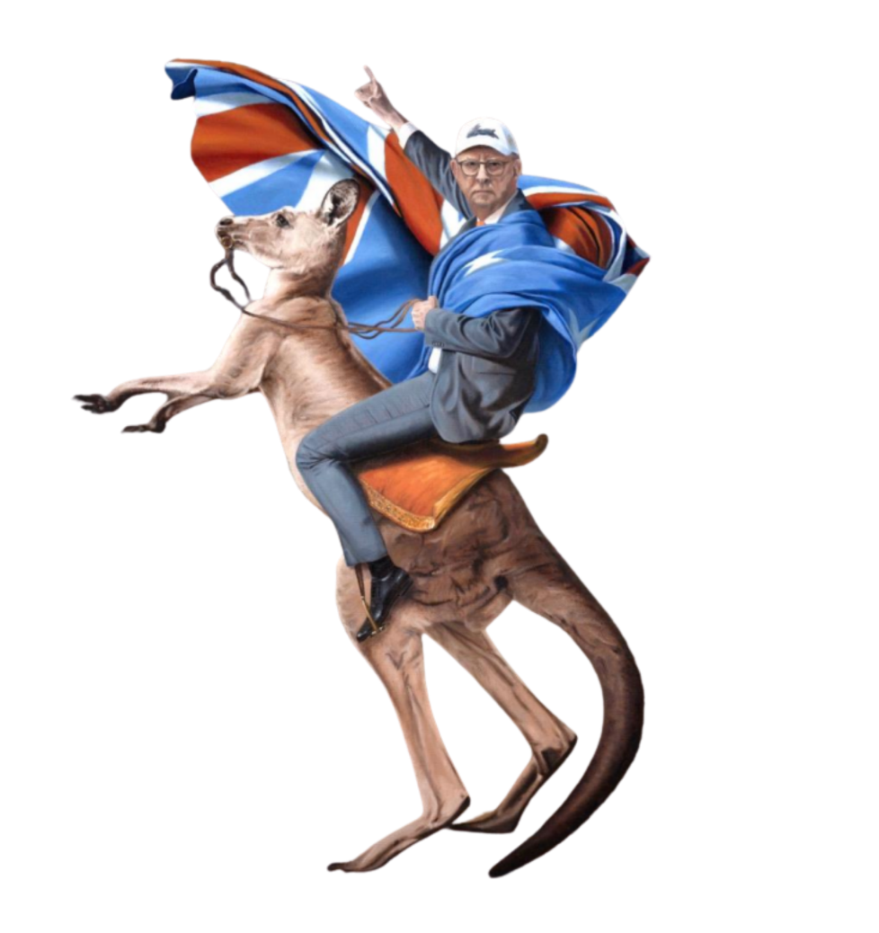 Roo Rider car decal featuring a man riding a kangaroo draped in an Australian flag